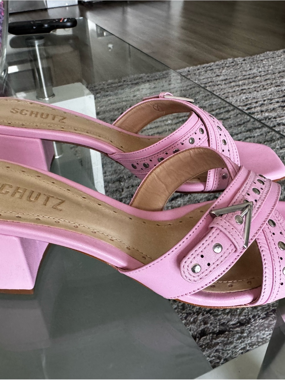 Schutz Pink Leather Block Heel Slide Sandals - Picture 3 of 6